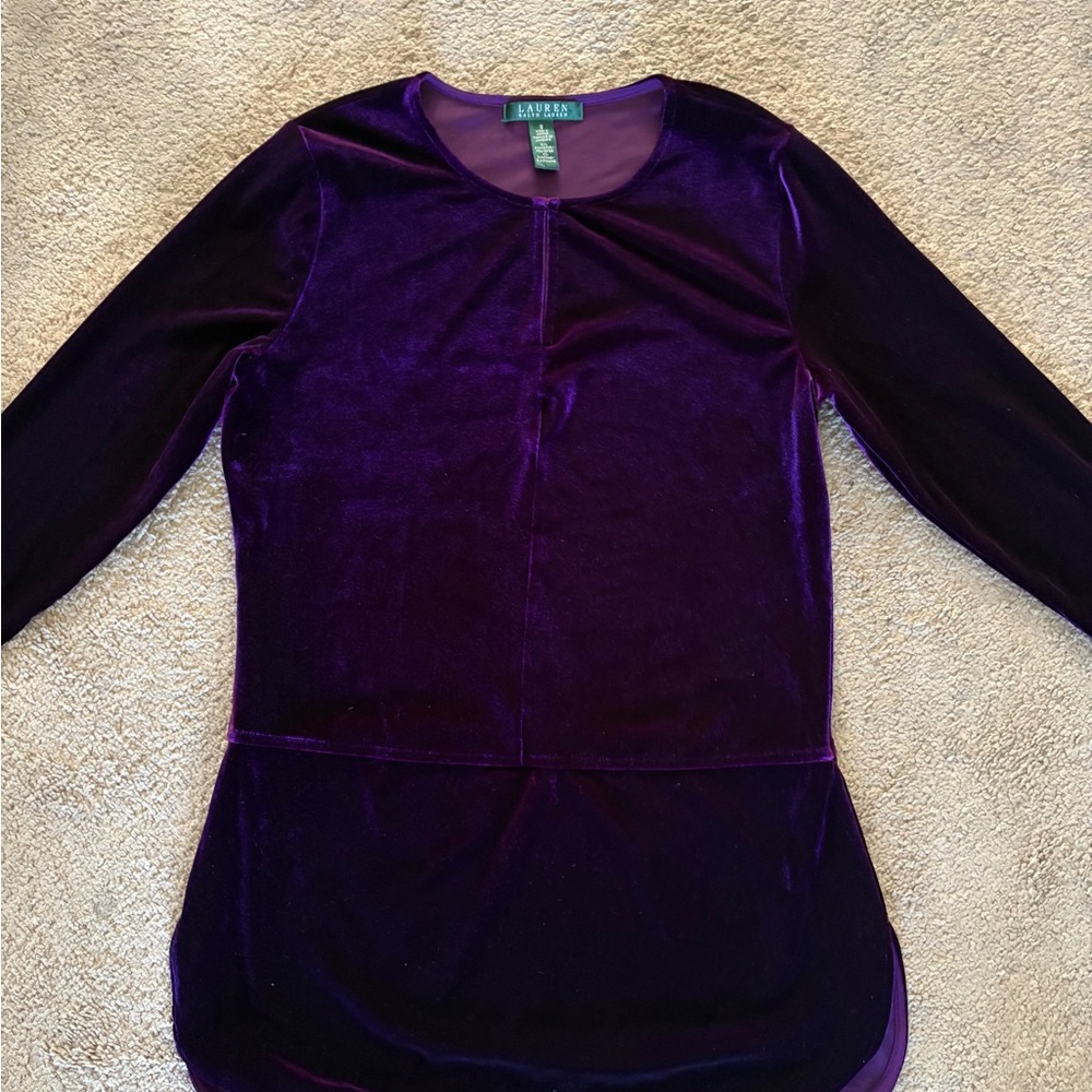 Lauren Ralph Lauren Deep Purple Velvet Long Sleeve Tunic Top size Small